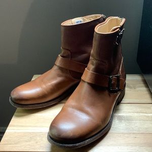 FRYE Back Zip Cognac Leather Ankle Boots, size 9 but fits 8.5